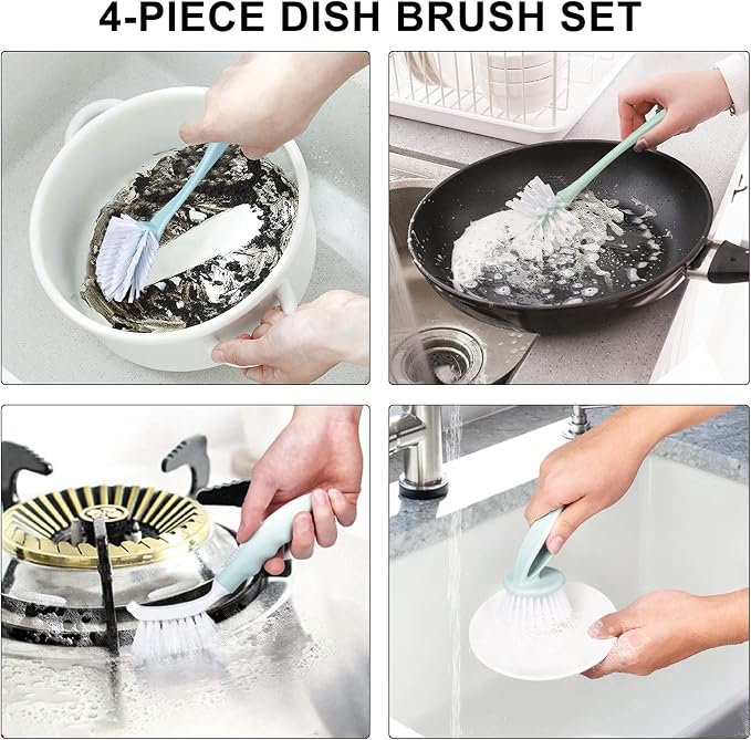 Dish Brush with Handle, Kitchen Dish Scrub Brush Set, 4-Piece Kitchen Cleaning - Image 7