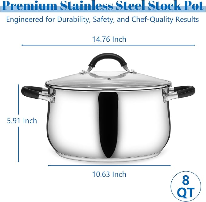 E-far Stainless Steel Stock Pot, 8 Quart Large Cooking Pot - Image 2