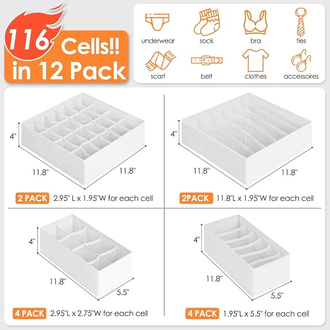 12 Pack Drawer Organizers for Clothing, 116 Large Compartments Fabric Dresser - Image 2