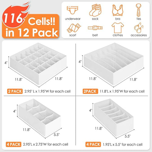 12 Pack Drawer Organizers for Clothing, 116 Large Compartments Fabric Dresser - Image 2