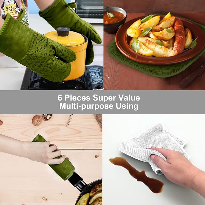 KEGOUU Oven Mitts and Pot Holders 6pcs Set, Kitchen Oven Glove High Heat - Image 7
