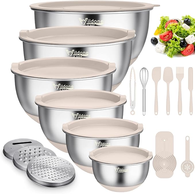 Wildone Mixing Bowls with Airtight Lids, with 3 Grater Attachments, Scale Marks by Wildone