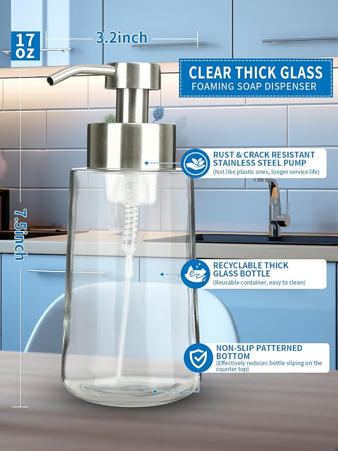 Foaming Hand Soap Dispenser Set, 16 oz Large Glass Soap Dispenser, Foam - Image 2