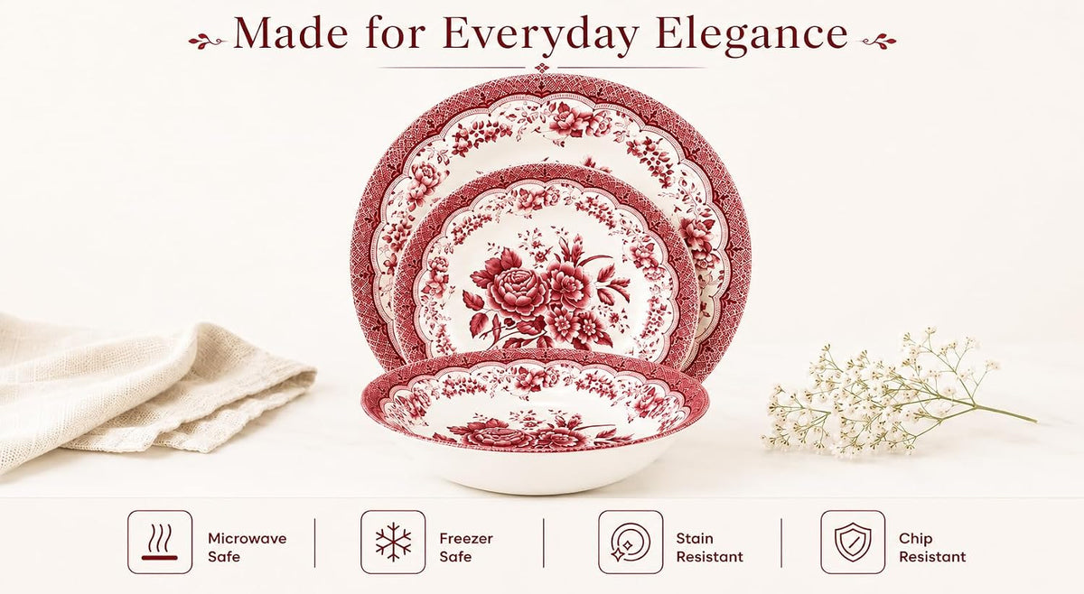 12-Piece Porcelain Dinnerware Set for 4, Victoria Red