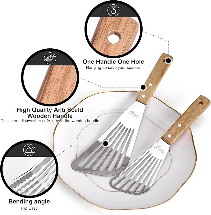 HOTEC 2pcs Stainless Steel Wooden Handle Fish Spatula, Metal Spatula Flipping - Image 3