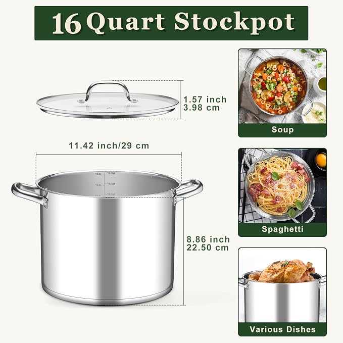 Leonyo 16 Quart Stock Pot With Lid, 18/10 Stainless Steel Stockpot, large - Image 2