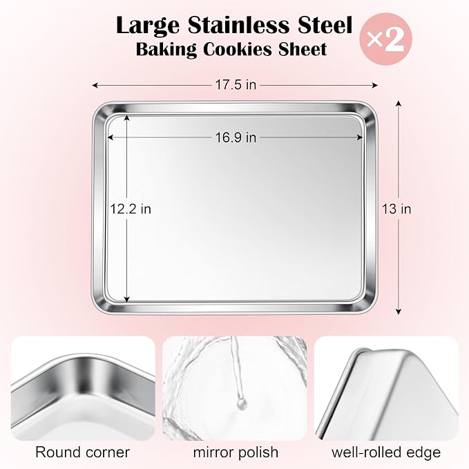 E-far Cookie Sheets for Baking, 18”x13” Stainless Steel Baking Sheet Pans for - Image 2