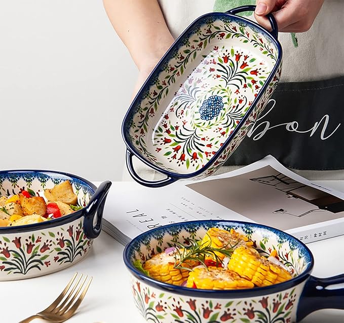 Vintage Style Tulip Flower Pattern Ceramic Bakeware Casserole Dish Baking Pan - Image 3