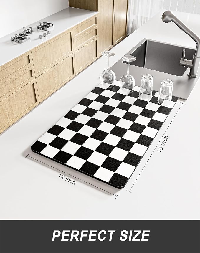 Rnivvi Dish Drying Mat for Kitchen Counter, 12 x 19" Cute Checkered Absorbent - Image 2