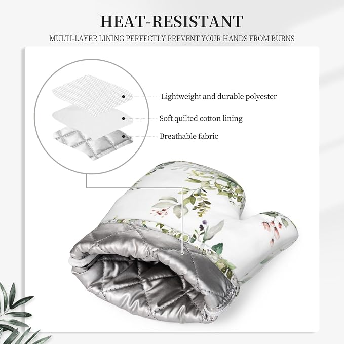 Sage Green Eucalyptus Oven Mitts and Pot Holders Sets Silicone Watercolor - Image 4
