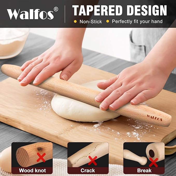 WALFOS French Rolling Pin and Silicone Baking Mat Set, Non-Stick Beech Wood - Image 2