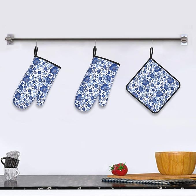 Navy Blue Floral Oven Mitts and Pot Holders Sets, Heat Resistant Oven Gloves - Image 6