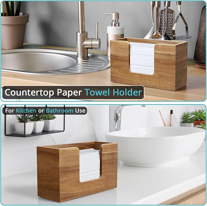 Paper Towel Dispenser Countertop, Acacia Wood Bathroom Paper Towel Holder - Image 3