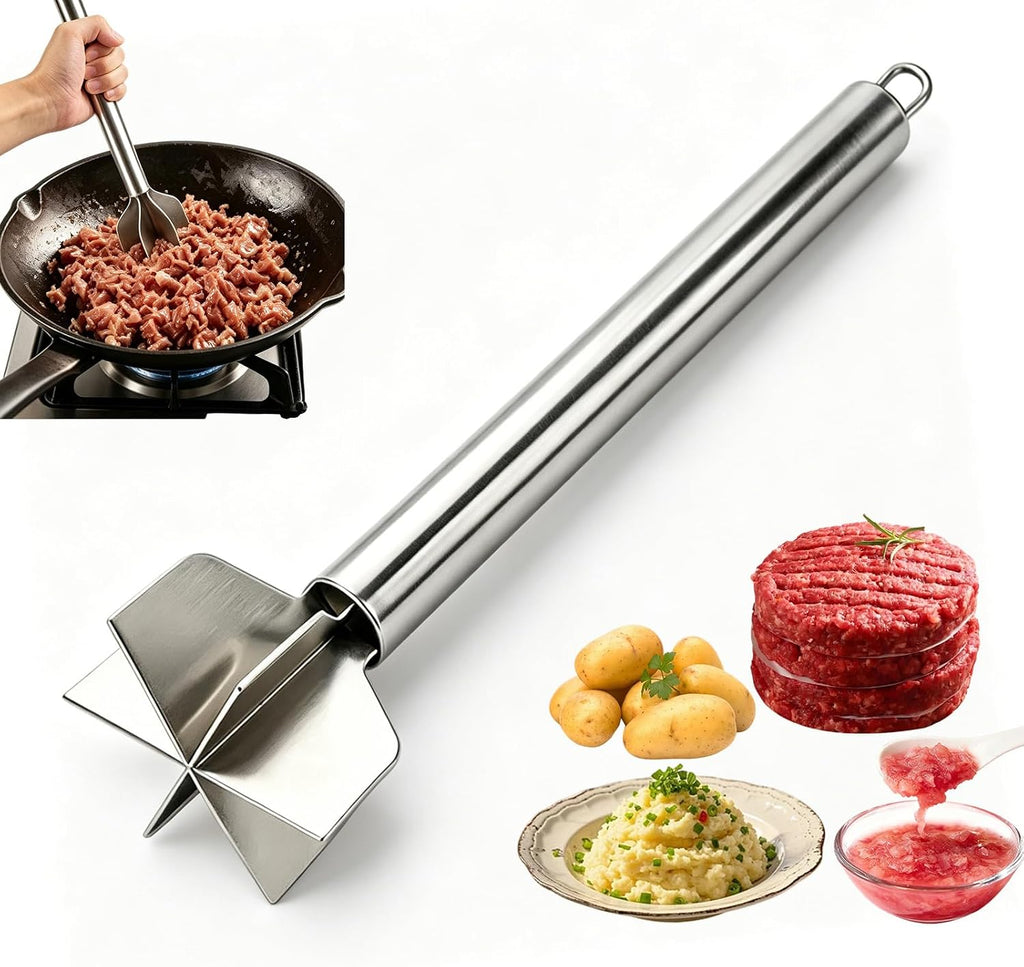 Meat Masher, 6 Blade Stainless Steel Ground Beef Chopper Tool, 8"