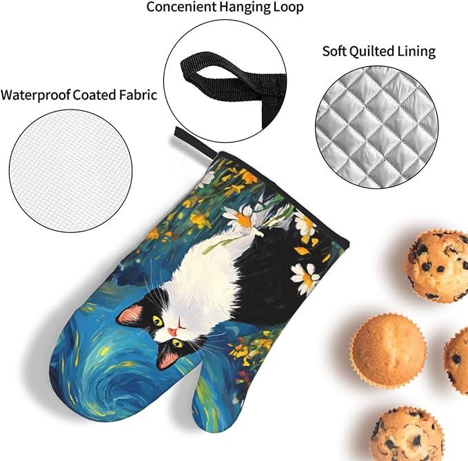 Funny Black Cat Oven Mitts and Hot Pads Set of 3, Abstract Cute Kitchen Mitts - Image 5