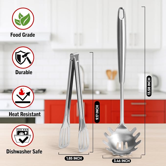 Newness 304 Stainless Steel Spaghetti Server and Spaghetti Tong, Pasta Spoon - Image 2