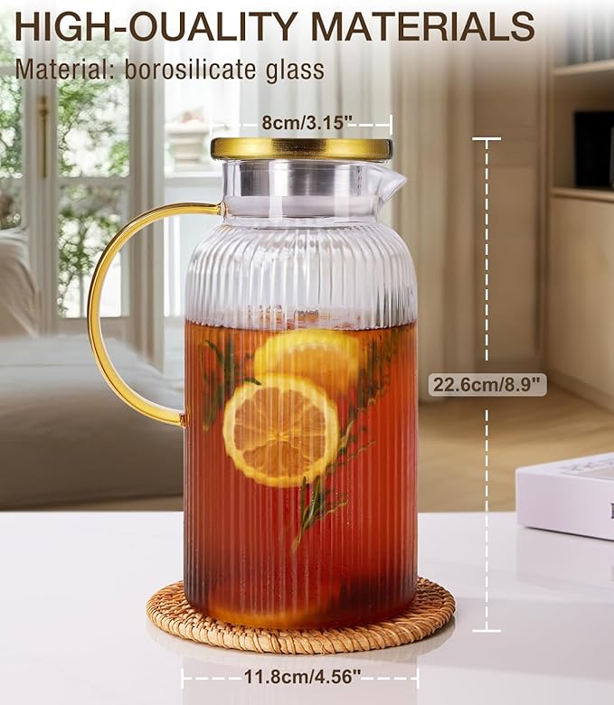 2 PACK Glass Pitcher with Lid 64 oz, Classic Vertical Stripes Pitcher with Lid - Image 4