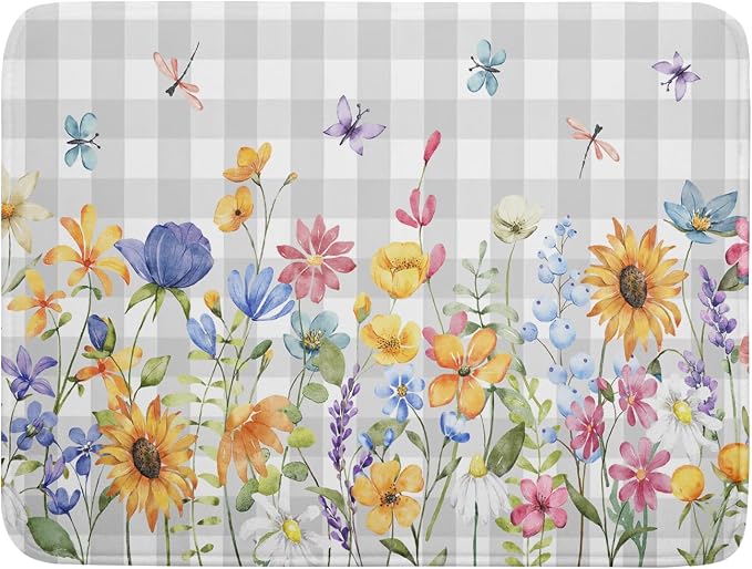 Giwawa Spring Floral Dish Drying Mat, Summer Flower Grey Buffalo Plaids Dish by Giwawa