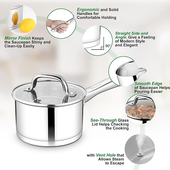 TeamFar 2 qt Saucepan with Lid, Stainless Steel Small Sauce Milk Pan with - Image 3