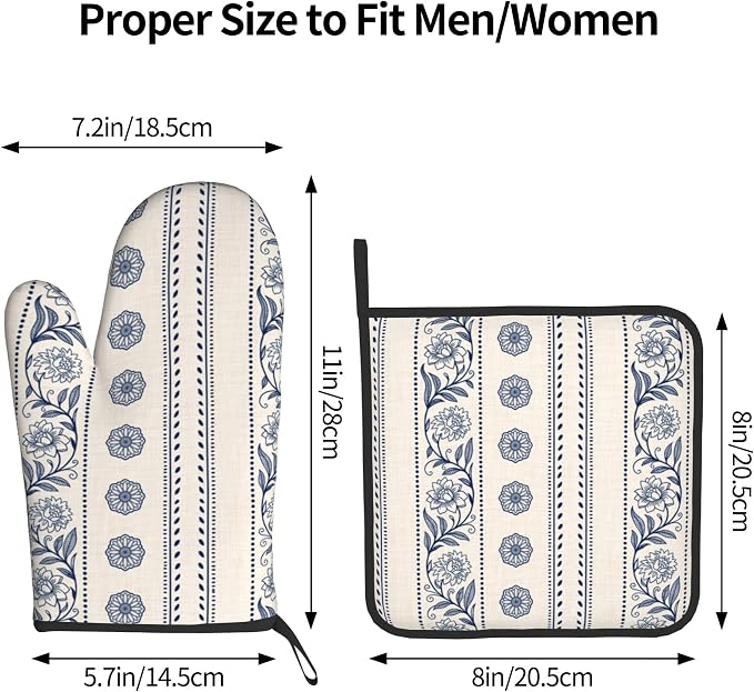 Boho Oven Mitts Set – Vintage Floral Pot Holders Kitchen Gloves - Image 3