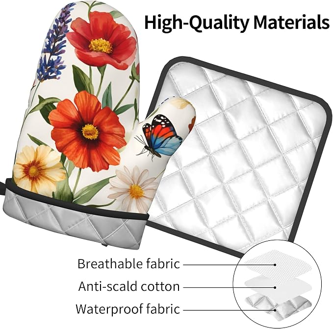 Cute Oven Mitts and Pot Holders Sets Poppy Daisy Flowers Kitchen Gloves - Image 9