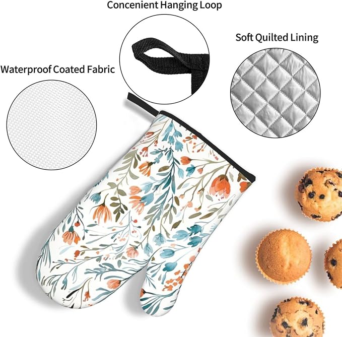 Teal Orange Watercolor Floral Oven Mitts and Pot Holders Sets of 3, Heat - Image 6