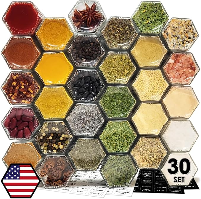 30 Set Magnetic Spice Jars for Refrigerator Hexagon Glass Spice Jars by CROSS+HOMES