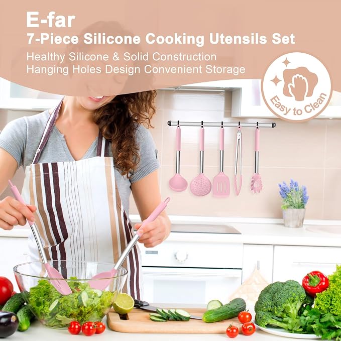 E-far Silicone Cooking Utensils Set, Slotted Turner, Soup Ladle, Pasta Server - Image 7