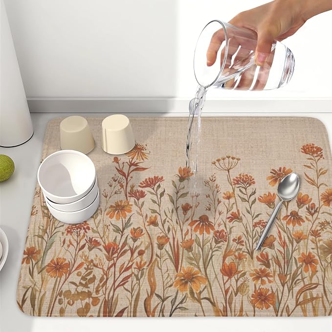Fall Floral Dish Drying Mat for Kitchen Counter 18 x 24 Inch Autumn Sunflower - Image 6