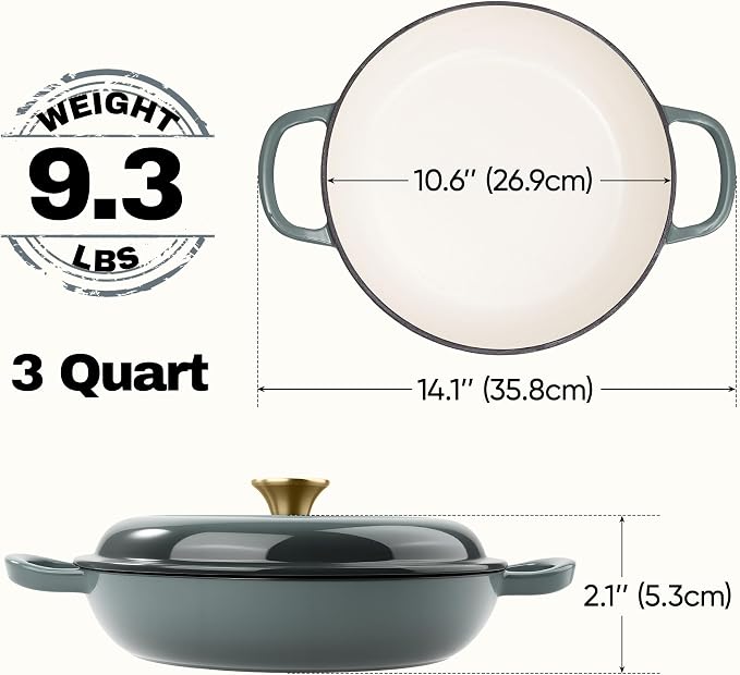 3 Quart Enameled Cast Iron Braiser, Non Stick Enameled Cast Iron Skillet - Image 4