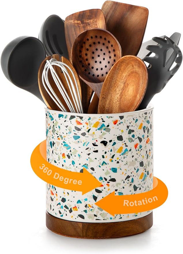 Nucookery 360°Rotating Utensil Holder, 7.2" Large Utensil Crock, Farmhouse by Nucookery