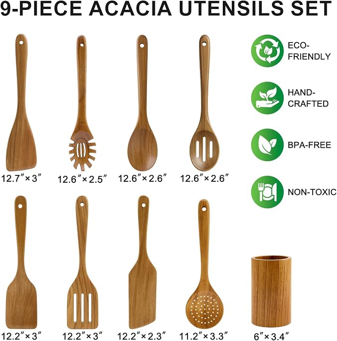 9 Pack Best Wooden Spoons Non Toxic Cooking Utensil Set - Image 3