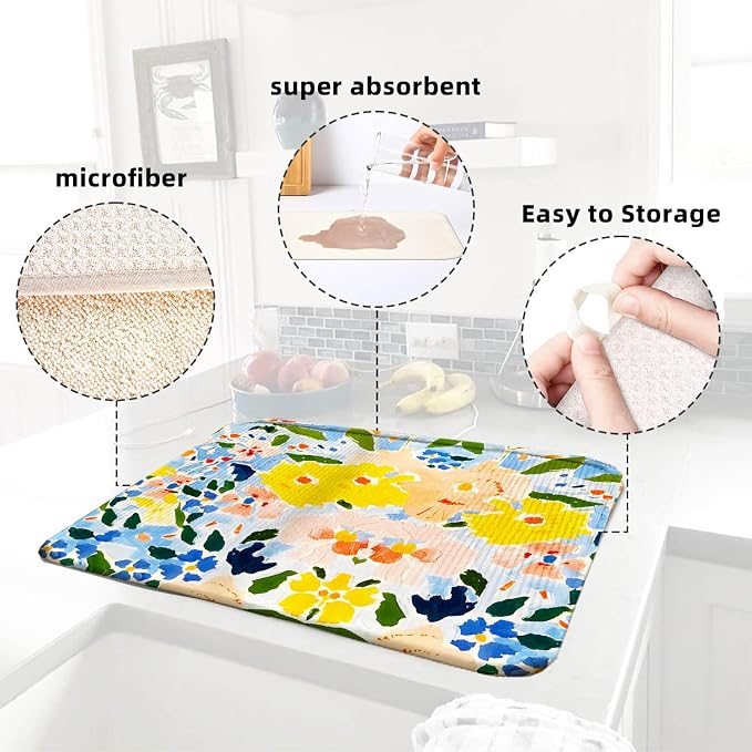 Blue and Yellow Floral Large Dish Drying Mats, Reversible Dish Drying Pads - Image 6