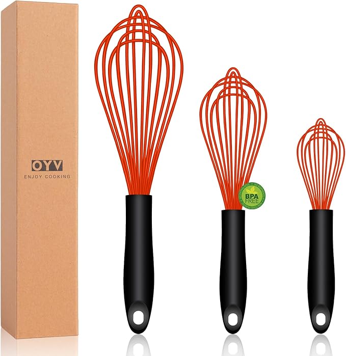 OYV Red Silicone Whisk, Sealed Waterproof Design Set of 3, Professional Kitchen by OYV