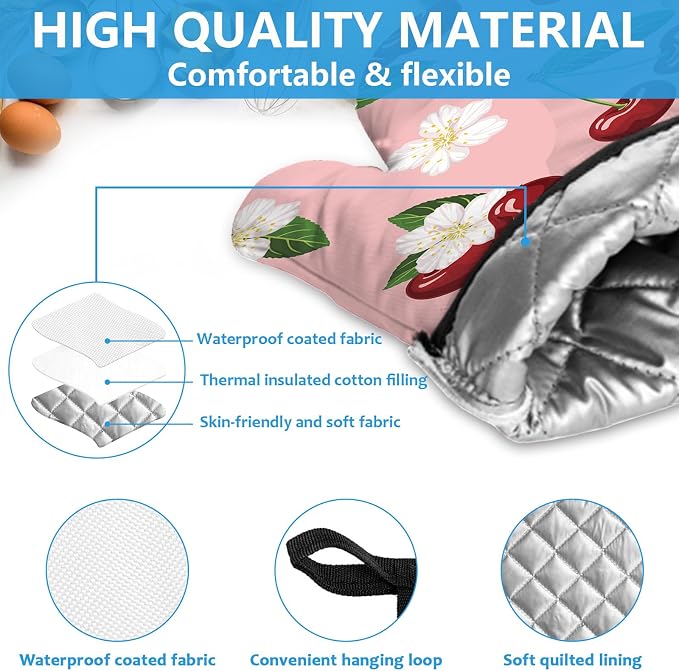 Cherry Oven Mitts and Pot Holders Sets Heat Resistant 4Pcs White Flower - Image 3