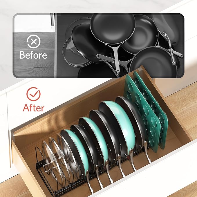 ORDORA Pots and Pans Organizer Under Cabinet, Expandable 11.8"-22.8" Pot Lid - Image 6