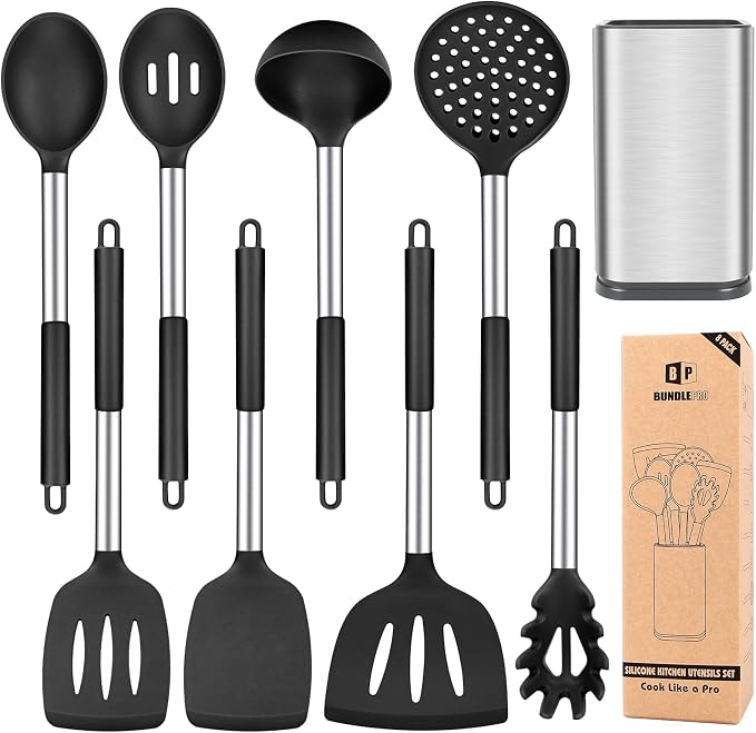Silicone Cooking Utensil Set, BPA Free Heat Resistant Kitchen Tools by BUNDLEPRO