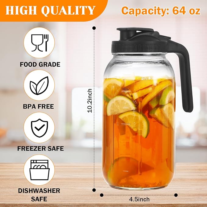 2 Pack Glass Pitchers with Lid, 64 oz Sun Tea Pitcher, Half Gallon Mason Jar - Image 2
