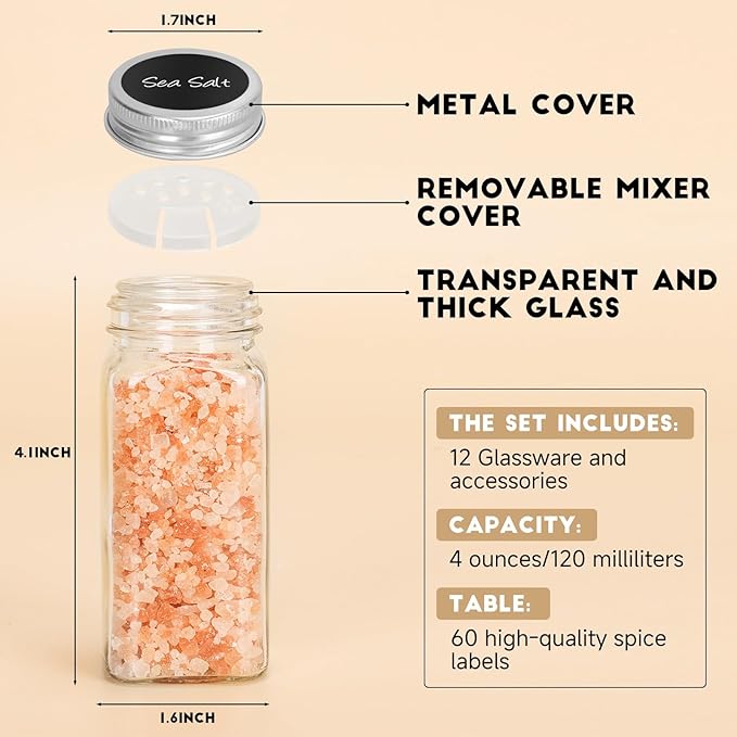 12Pcs Spice Jars with Label, 4oz Empty Square Seasoning Containers, Spice Jars - Image 2