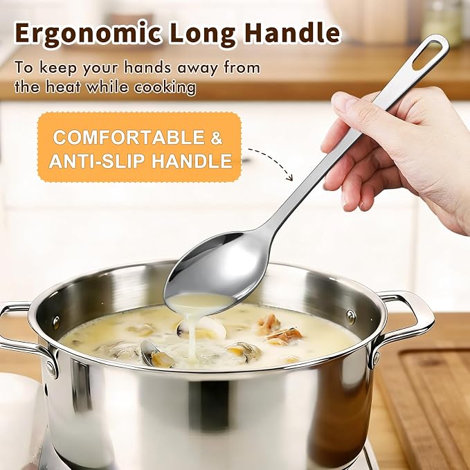 2 Pcs Stainless Steel Cooking Spoons Set, Solid & Slotted Metal Serving Spoons - Image 4