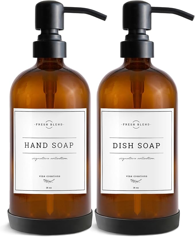Vine Creations Amber Glass Soap Dispenser, 2 Pack Kitchen Soap Dispenser Set by VineCreations