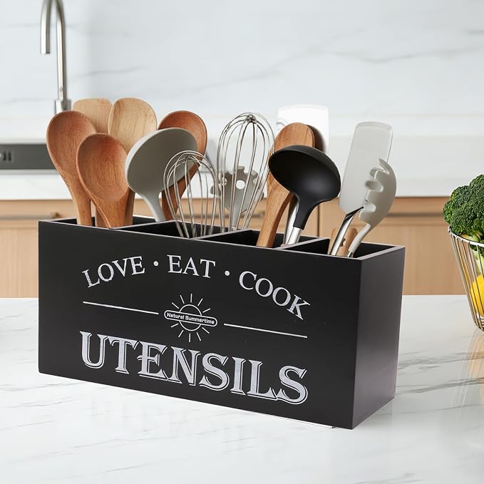2 PC Wooden Utensil Holder, （With 4-Compartments size*1 + 3-Compartments - Image 7