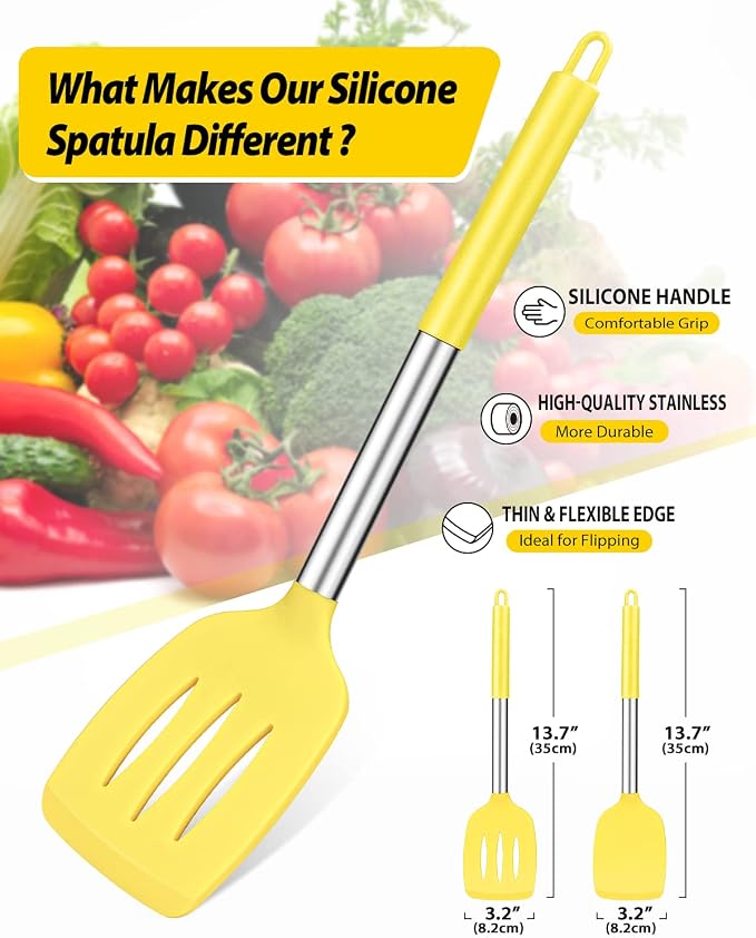 Pack of 2 Silicone Solid Turner, Non Stick Slotted Kitchen Spatulas, High Heat - Image 2