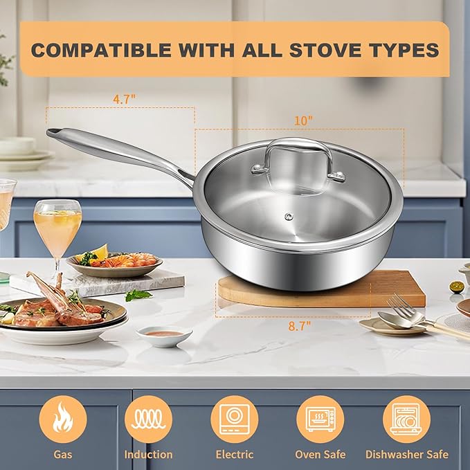 EWFEN Tri-Ply Stainless Steel Frying Pan 3QT, 10 Inch Deep Frying Pan - Image 6