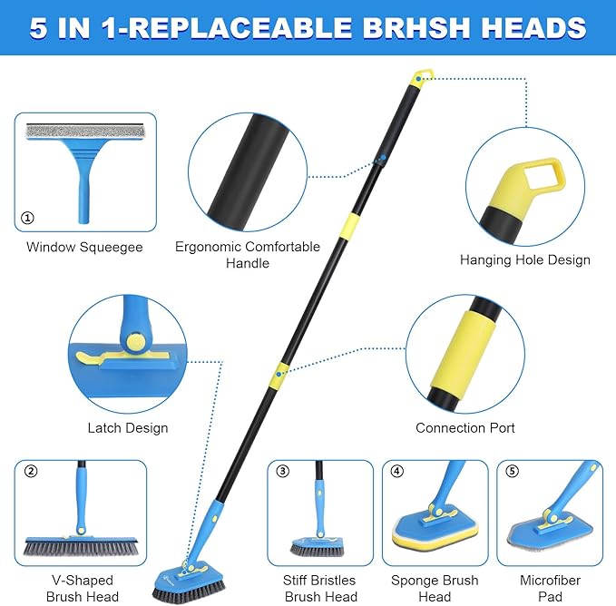 Tile Tub Scrubber Brush with 5 Different Function Cleaning Heads and 51" - Image 6