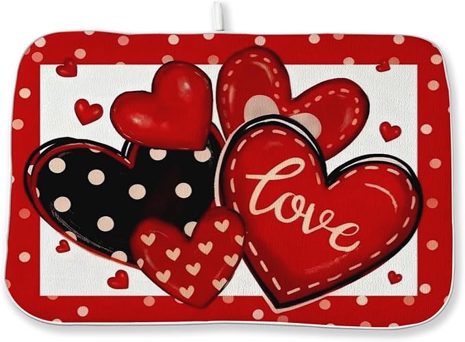 Valentines Dish Drying Mat 18x24 Inch Black Red Hearts Dish Drainer Protector by Sorktse