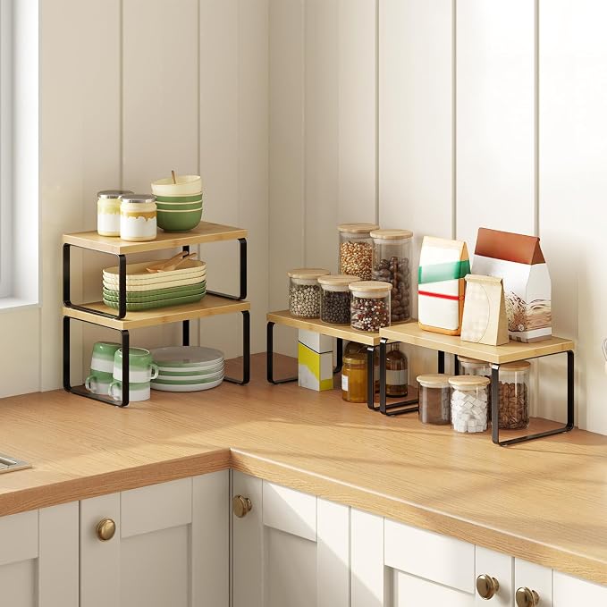 HOOBRO Cabinet Organizer Shelf, Expandable Kitchen Storage, Stackable Bamboo - Image 2