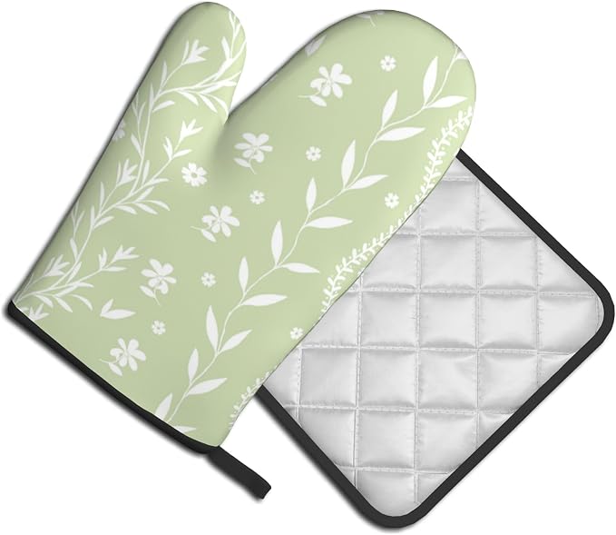 Sage Green Oven Mitt Pot Holder Set Floral BBQ Cooking Gloves Farmhouse - Image 2