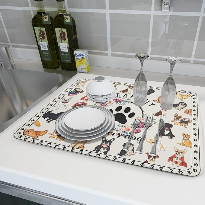 Dog Family Dish Drying Mat Cartoon Pet 18 X 24 in Absorbent Printed Drying Pad - Image 6