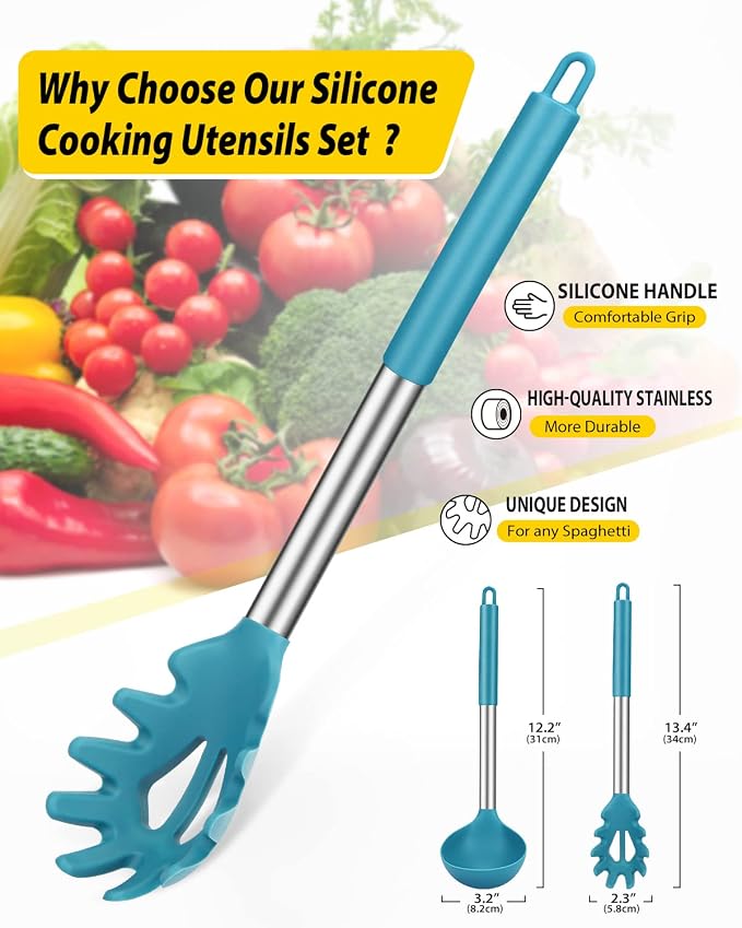 Silicone Pasta Fork and Ladle Spoon Set, Large Non Stick Kitchen Utensils - Image 2